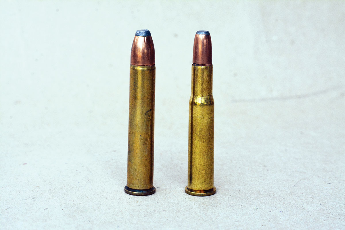 For comparison, the 375 Winchester (left) and the 30-30 (right). Both were introduced in the famous Winchester Model 1894; however, the 375 is loaded to higher pressures and has roughly twice as much case head thrust.